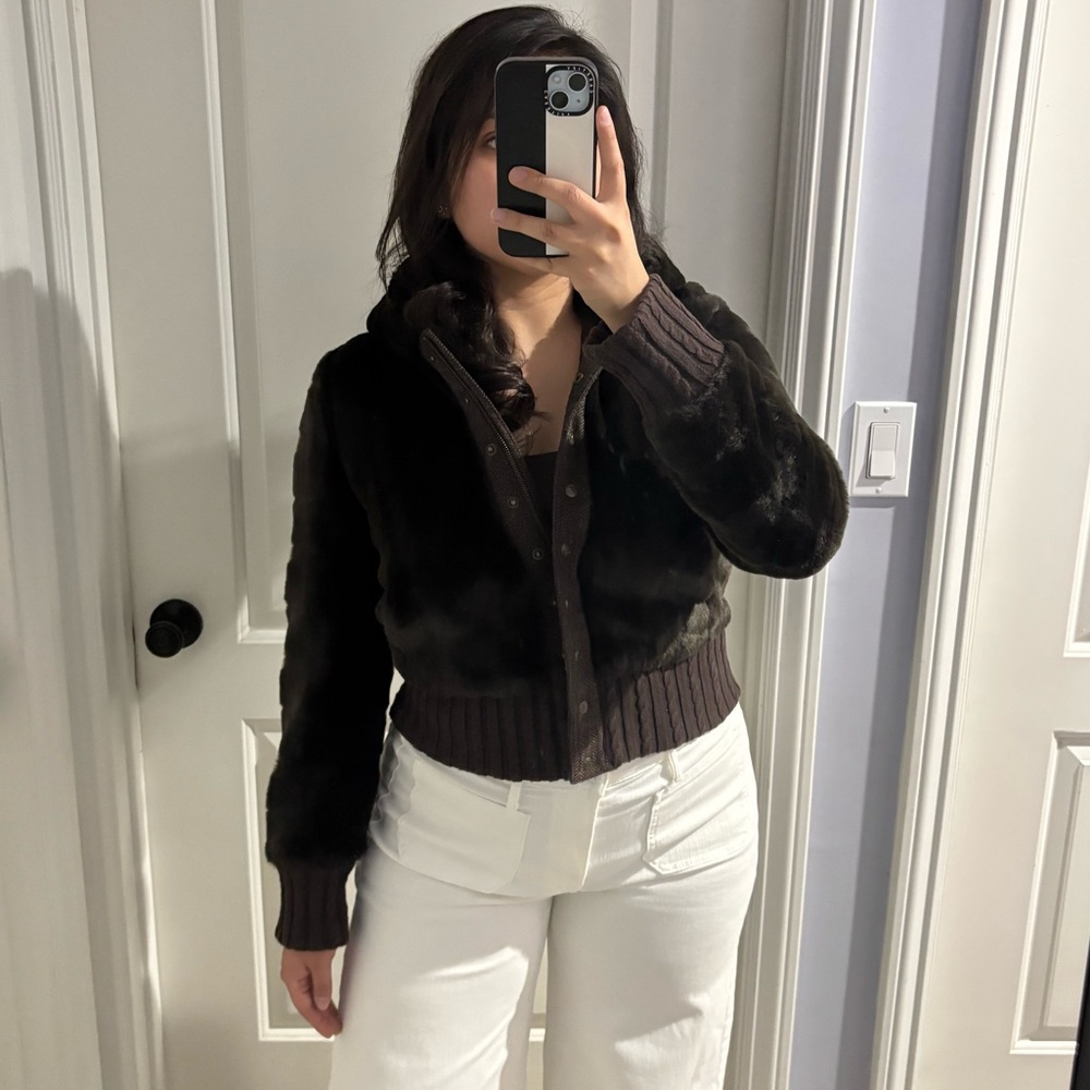 Vintage Juicy Couture Brown Cropped Fur Hoodie Quilted Lining, Size Small